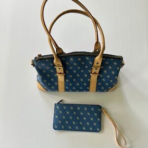 2 Piece Dooney & Bourke Blue and Tan Structured Satchel and Wristlet